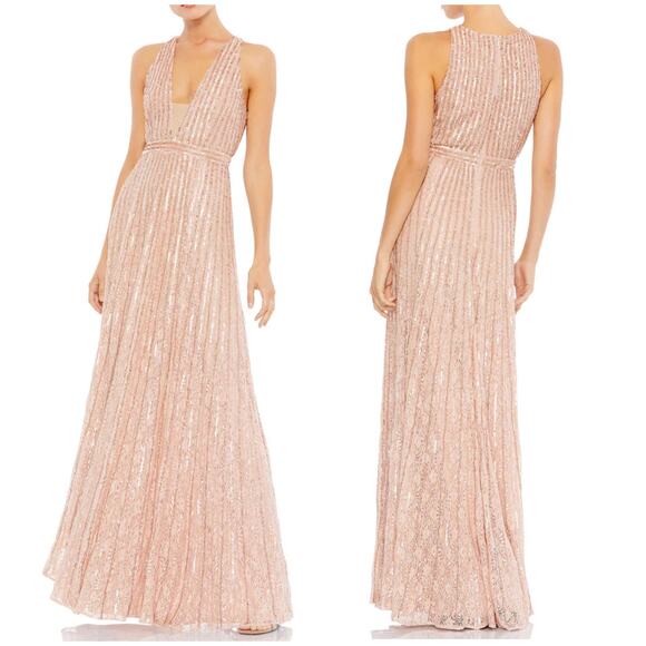 Mac Duggal NWT Sequined Sleeveless Plunge Neck Flowy Gown Rose Gold Size 16 - Picture 1 of 14